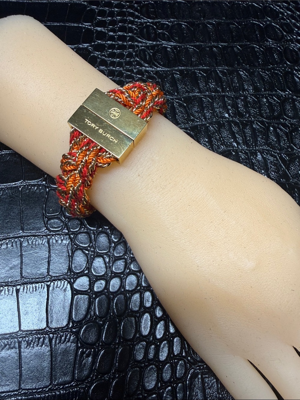 Tory Burch Braided Multicolor Rope Bracelet with Gold Logo Clasp